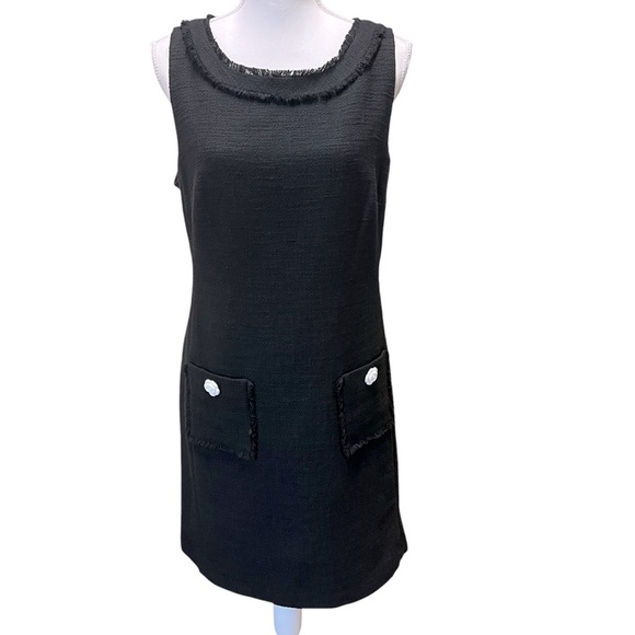 Karl Lagerfield Black Sleeveless Tweed Sheath Dress Sz 12 Lined Rosette Buttons - Picture 1 of 16